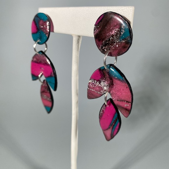 Handmade Polymer Clay Purple and Green Lightweight Dangle Post Earrings - Picture 5 of 6